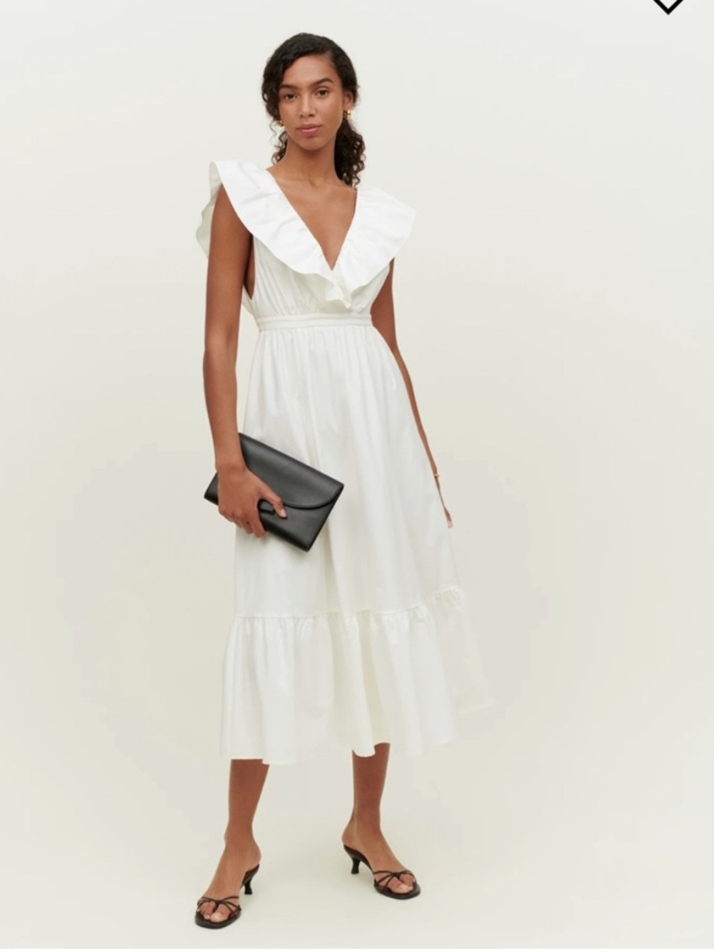 Reformation White Ruffle V-Neck Midi Dress